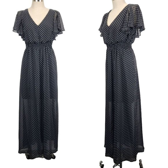 Eliza J Maxi Dress Size‎ 8 Black Polka Dot Flutter Short Sleeve Lined V-Neck - Picture 1 of 11